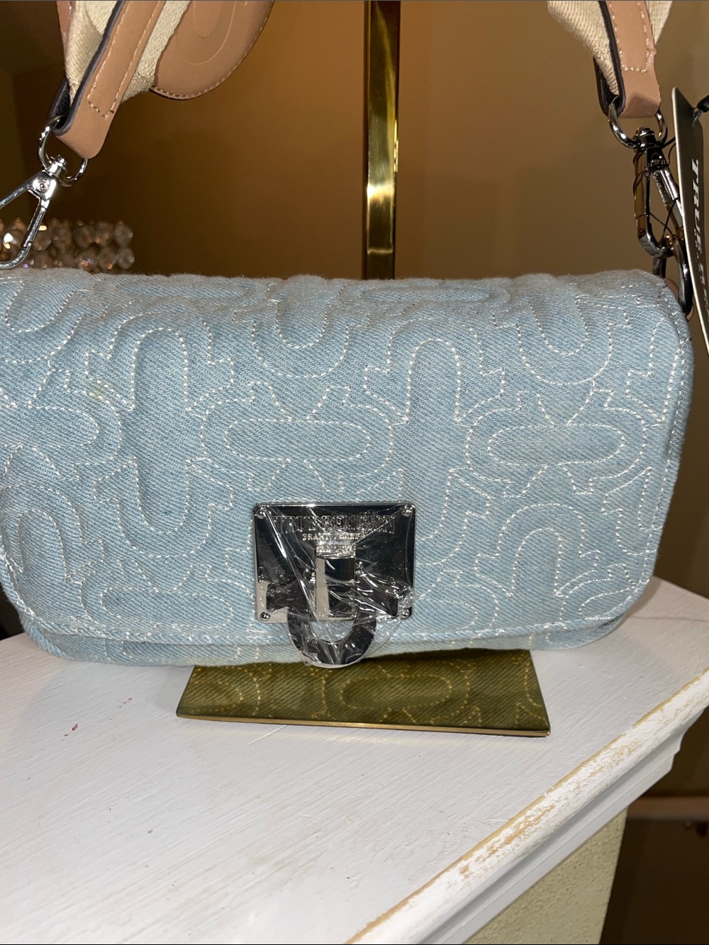 True Religion Light Blue Quilted Shoulder Bag with Silver Hardware